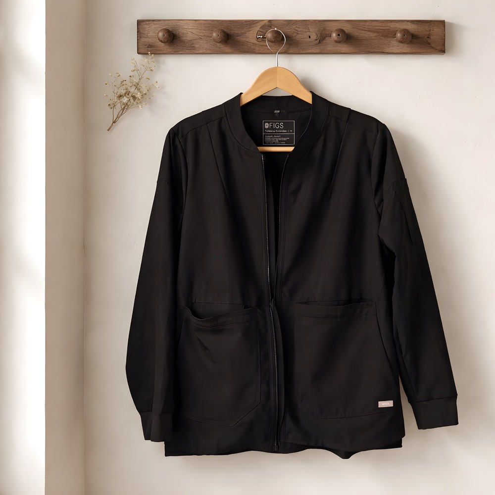 FIGS Scrub Jacket Women Medium Black Excellent Zip Up Technical Bomber Jacket